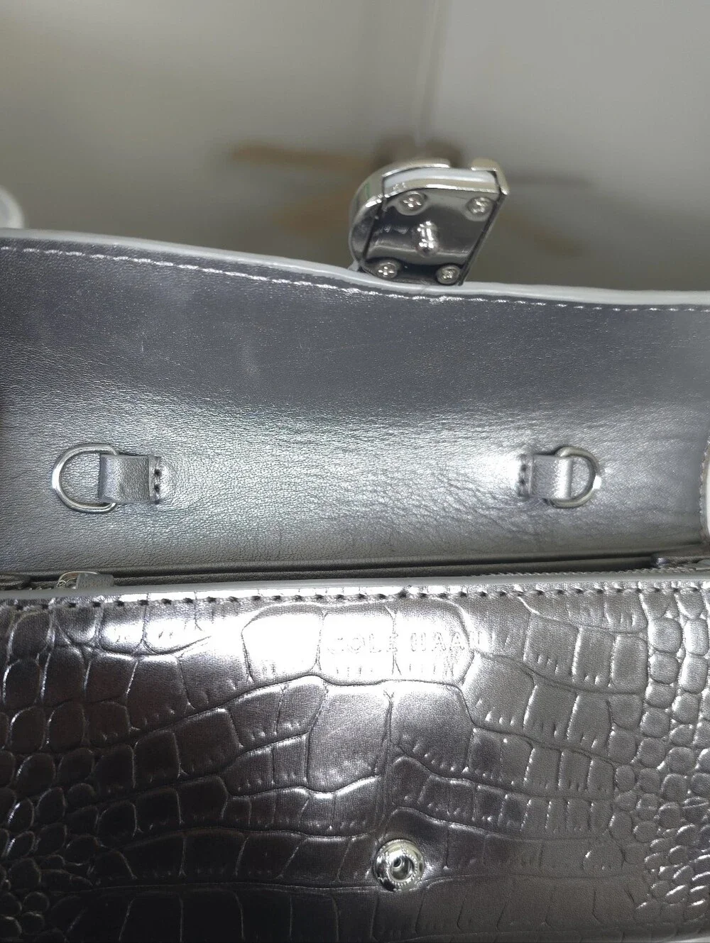 Cole Haan Metallic Silver Croc-Embossed Chain Crossbody Wallet